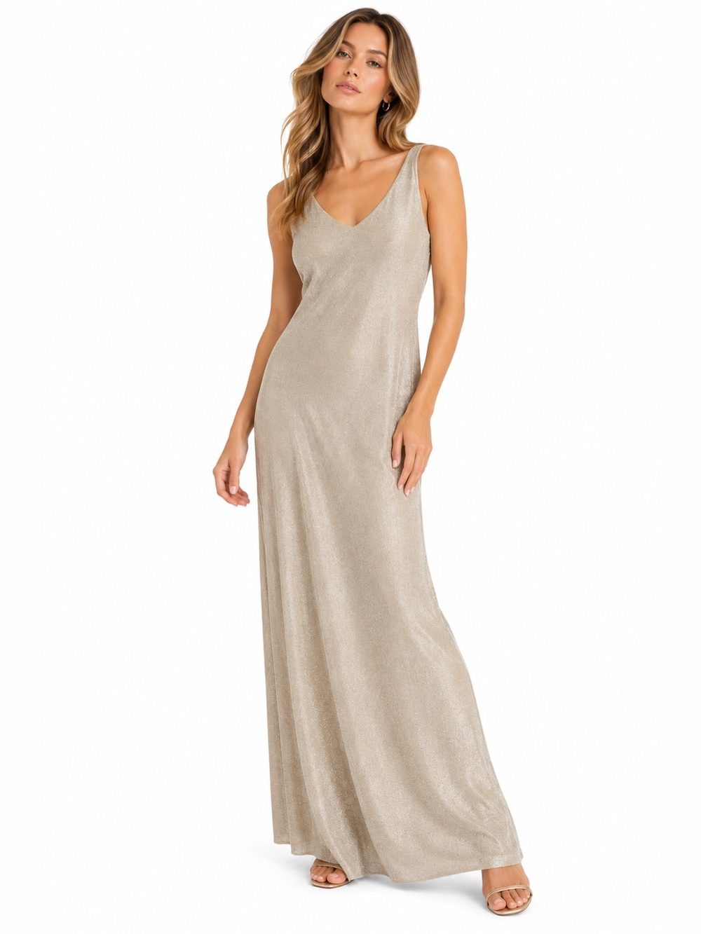 Vintage 90s Beeches Brooks Champagne Glitter V-Neck Maxi Dress – Size 10 GUC